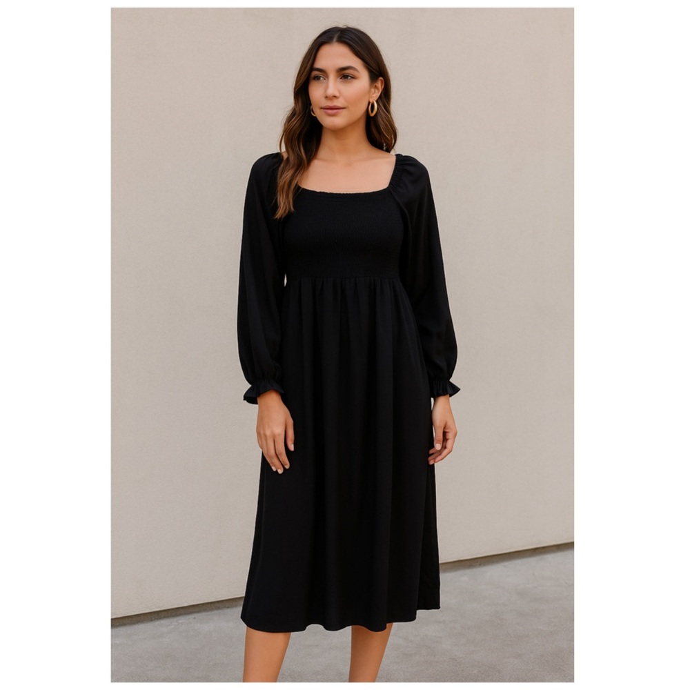 Black Smocked Midi Dress XL Long Sleeve Square Neck Casual Dress - Picture 3 of 8